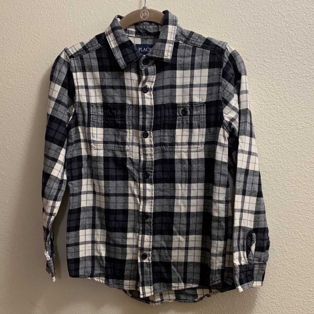 Children’s Place Flannel Button Up Cotton Shirt Boy’s Size 10/12 Black White